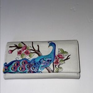 Anuschka White Wallet with Blue Peacock and Pink Floral Design